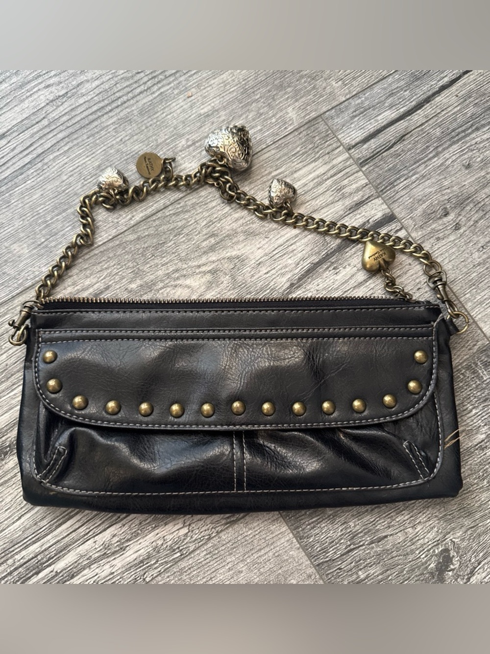 Kathy Van Zeeland Black Leather Studded Wristlet Clutch